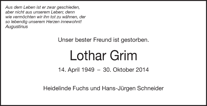  Traueranzeige für Lothar Grim vom 01.11.2014 aus Echo-Zeitungen (Gesamtausgabe)