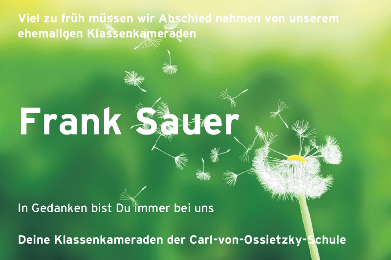  Traueranzeige für Frank Sauer vom 22.11.2014 aus Rüsselsheimer Echo, Groß-Gerauer-Echo, Ried Echo