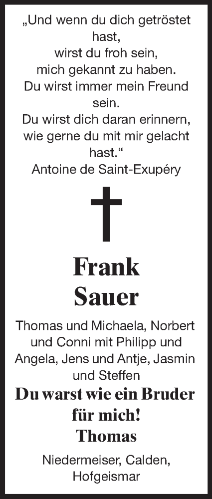  Traueranzeige für Frank Sauer vom 22.11.2014 aus Rüsselsheimer Echo, Groß-Gerauer-Echo, Ried Echo