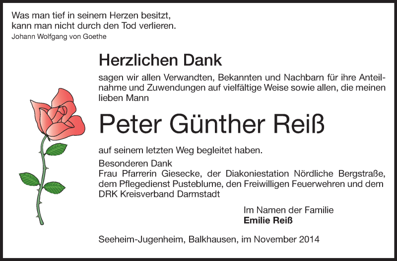  Traueranzeige für Peter Günther Reiß vom 22.11.2014 aus Echo-Zeitungen (Gesamtausgabe)