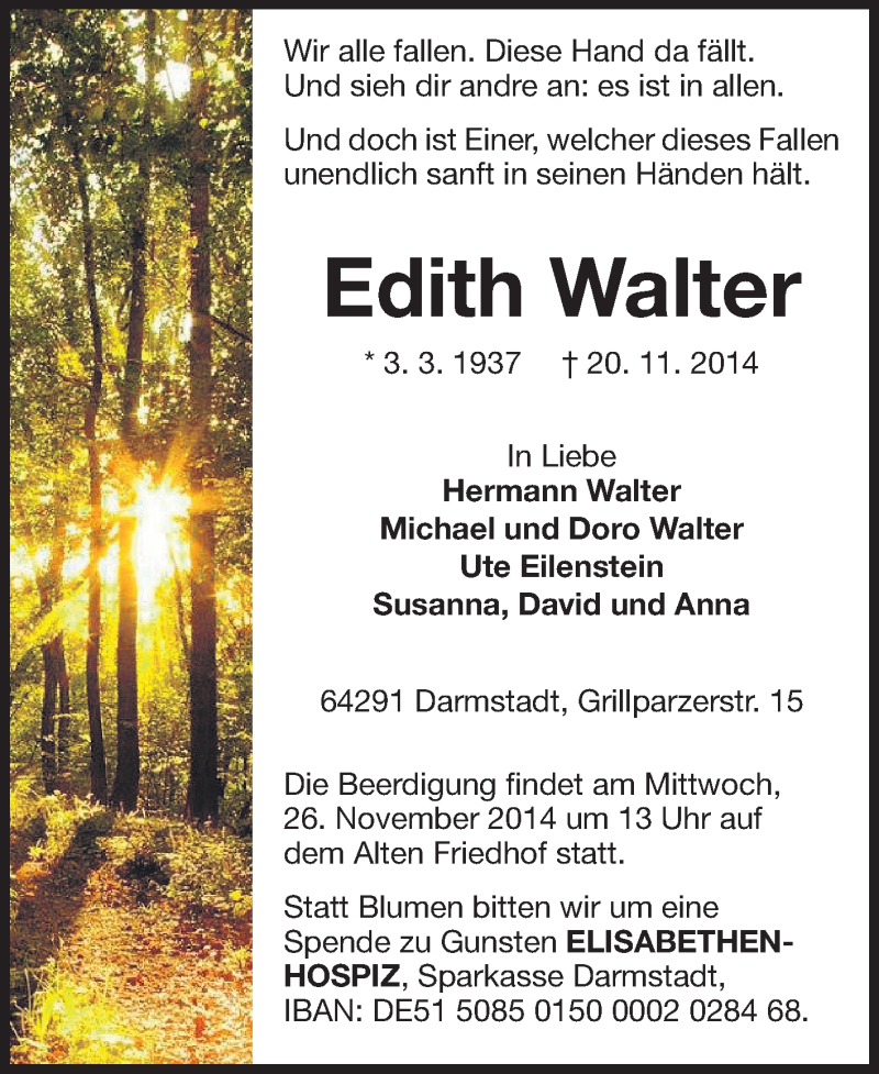  Traueranzeige für Edith Walter vom 22.11.2014 aus Echo-Zeitungen (Gesamtausgabe)