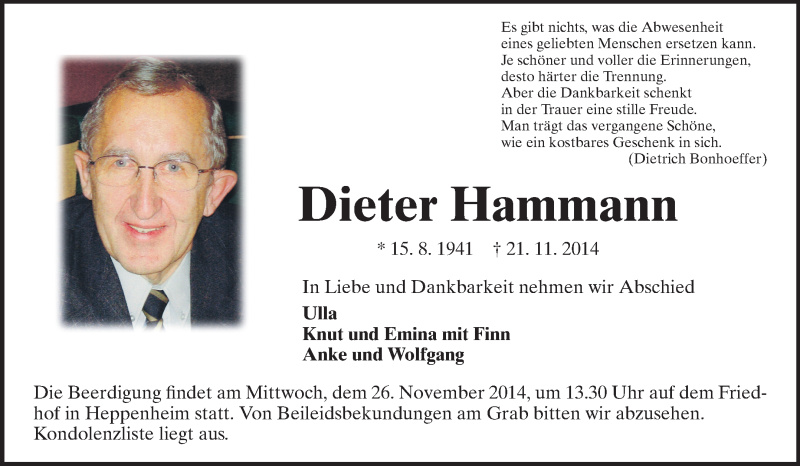  Traueranzeige für Dieter Hammann vom 24.11.2014 aus Starkenburger Echo, Bergsträßer Anzeiger