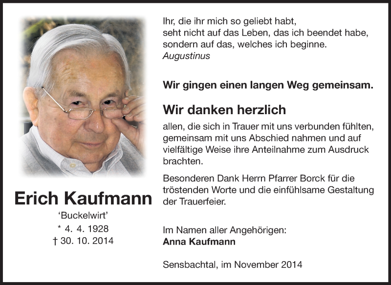  Traueranzeige für Erich Kaufmann vom 29.11.2014 aus Odenwälder Echo