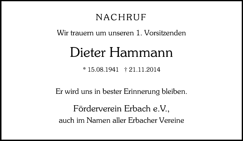  Traueranzeige für Dieter Hammann vom 25.11.2014 aus Starkenburger Echo