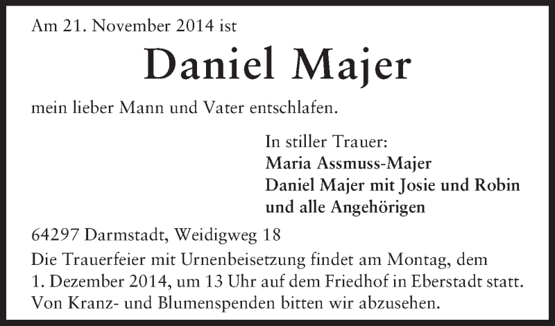  Traueranzeige für Daniel Majer vom 27.11.2014 aus Echo-Zeitungen (Gesamtausgabe)