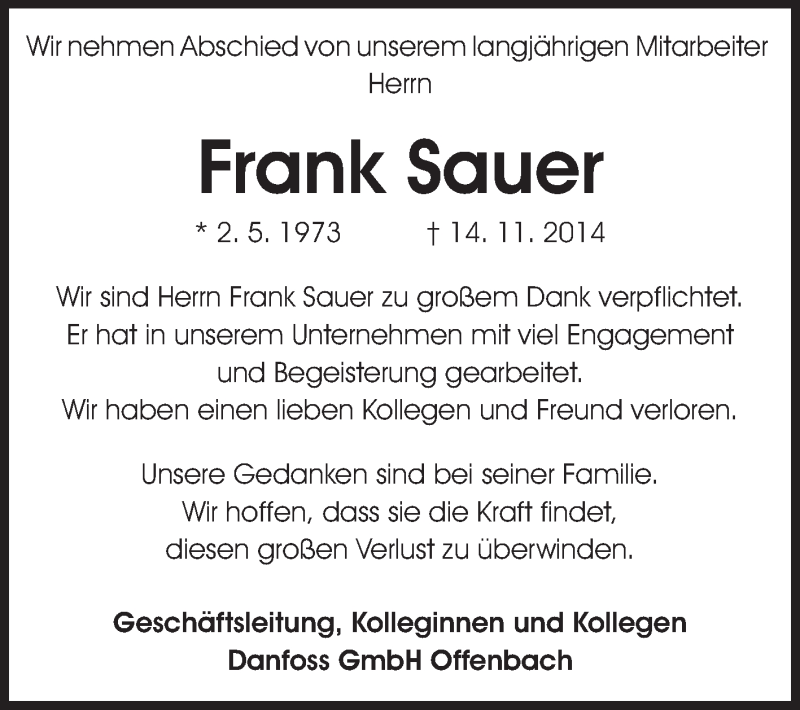  Traueranzeige für Frank Sauer vom 28.11.2014 aus Rüsselsheimer Echo, Groß-Gerauer-Echo, Ried Echo