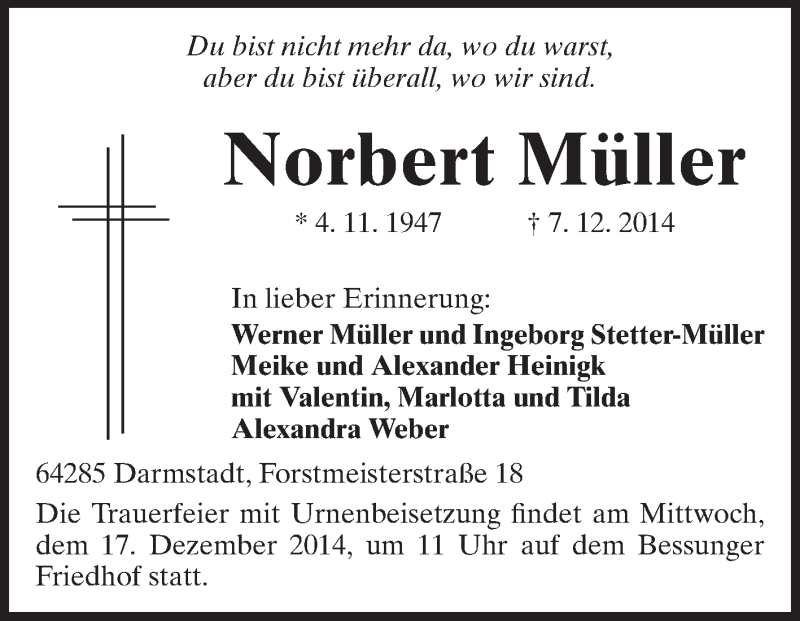  Traueranzeige für Norbert Müller vom 13.12.2014 aus Echo-Zeitungen (Gesamtausgabe)
