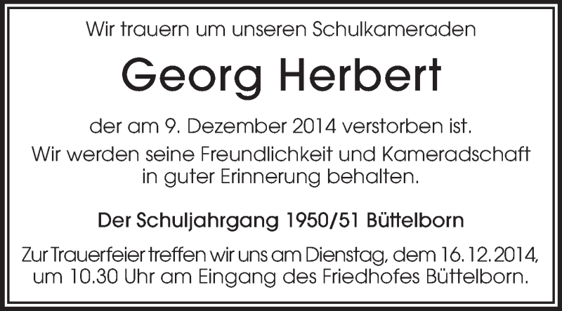  Traueranzeige für Georg Herbert vom 13.12.2014 aus Rüsselsheimer Echo, Groß-Gerauer-Echo, Ried Echo