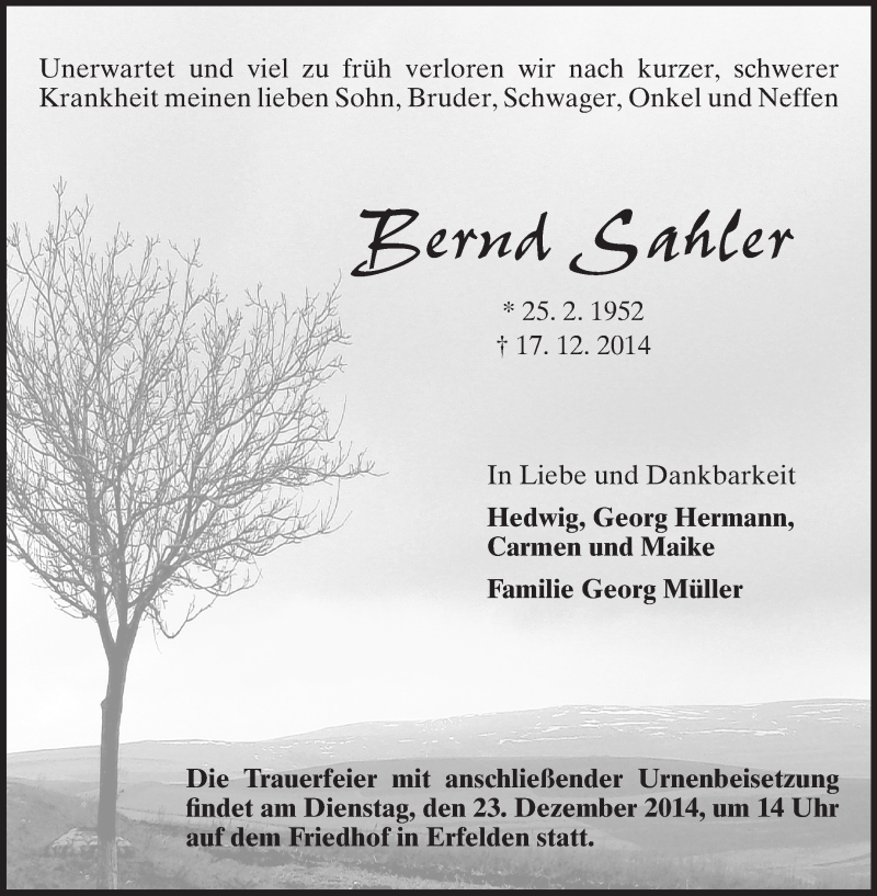  Traueranzeige für Bernd Sahler vom 20.12.2014 aus Rüsselsheimer Echo, Groß-Gerauer-Echo, Ried Echo