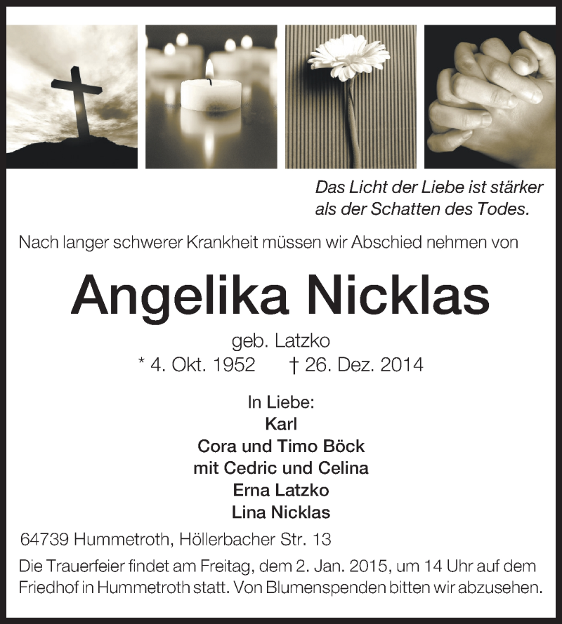  Traueranzeige für Angelika Nicklas vom 30.12.2014 aus Echo-Zeitungen (Gesamtausgabe)