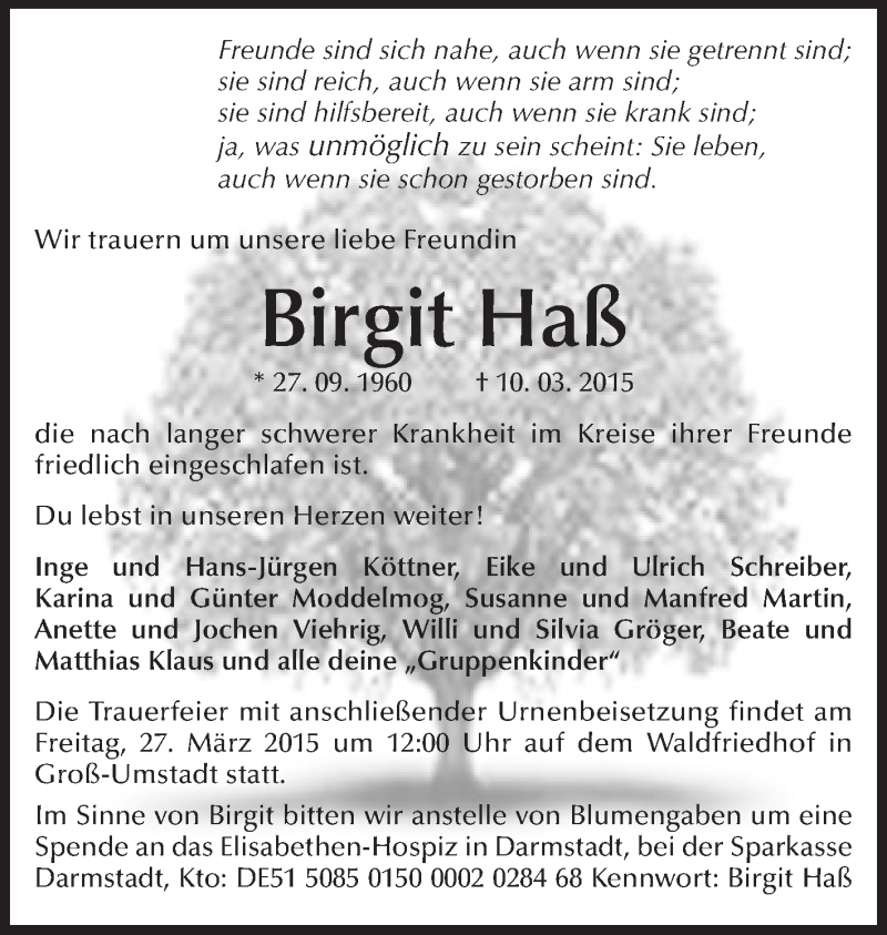  Traueranzeige für Birgit Haß vom 21.03.2015 aus Echo-Zeitungen (Gesamtausgabe)