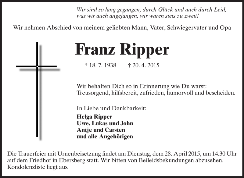  Traueranzeige für Franz Ripper vom 24.04.2015 aus Odenwälder Echo