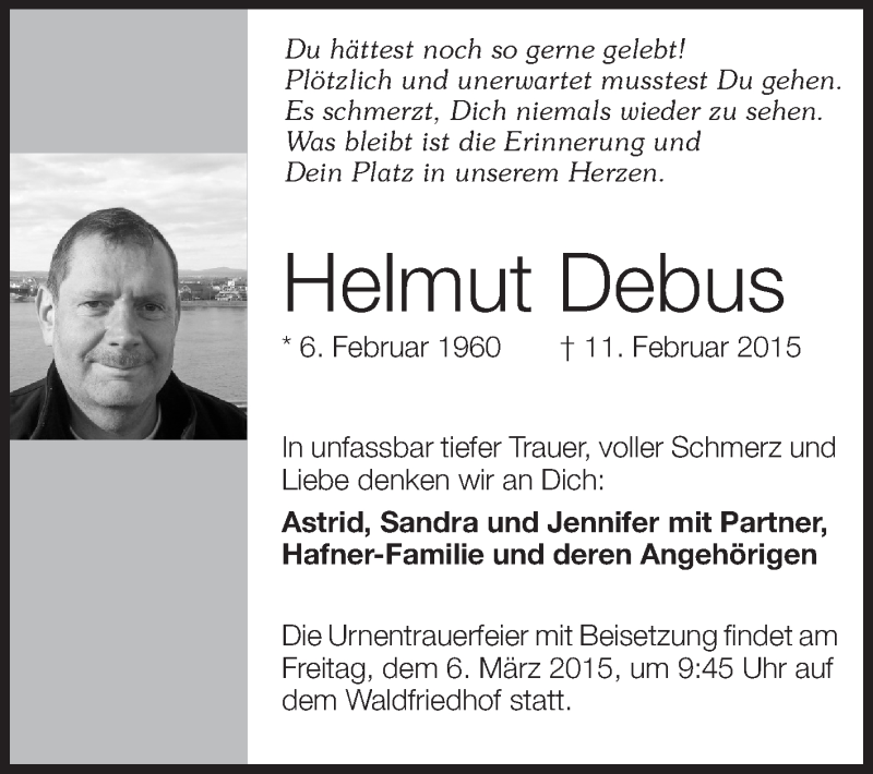  Traueranzeige für Helmut Debus vom 28.02.2015 aus Echo-Zeitungen (Gesamtausgabe)