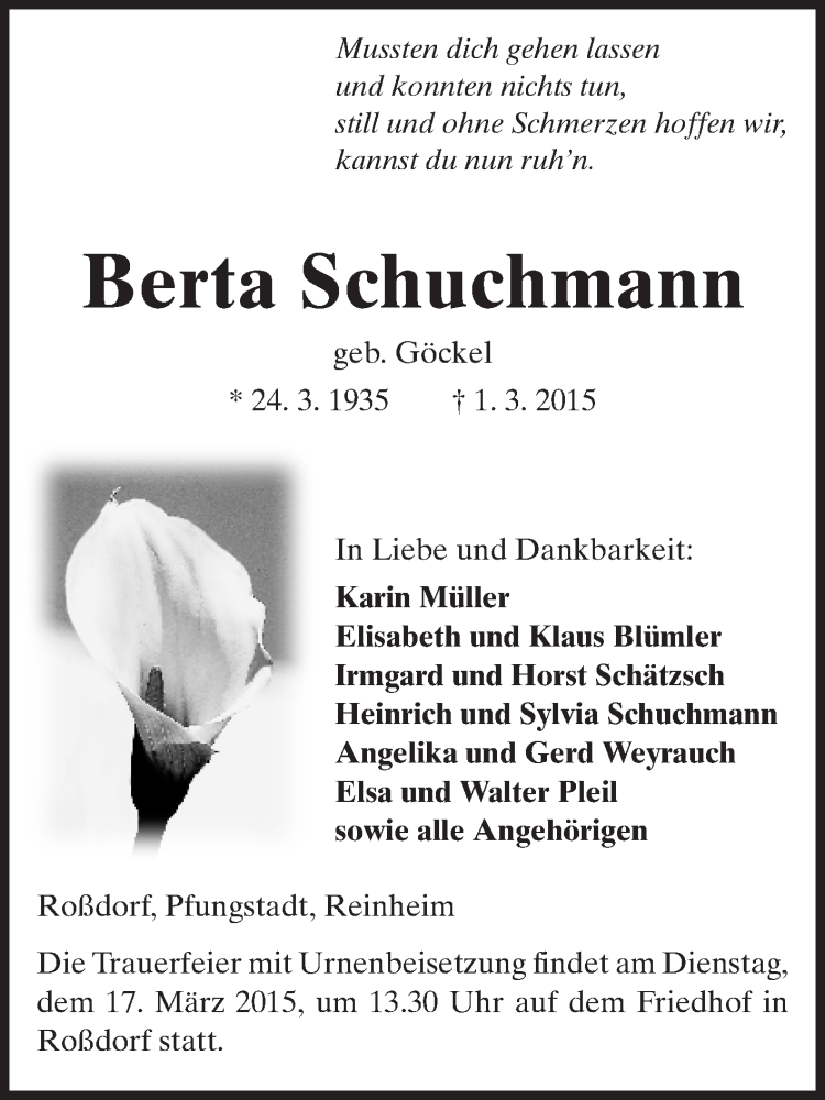  Traueranzeige für Berta Schuchmann vom 13.03.2015 aus Echo-Zeitungen (Gesamtausgabe)