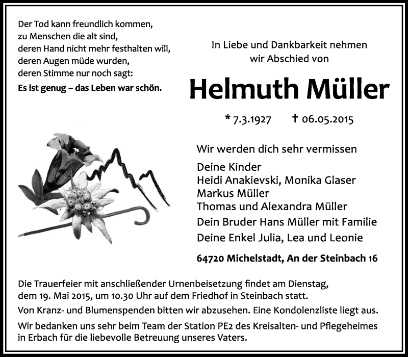  Traueranzeige für Helmuth Müller vom 13.05.2015 aus Odenwälder Echo