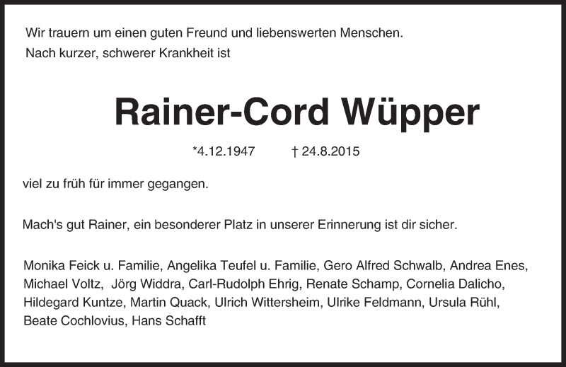  Traueranzeige für Rainer-Cord Wüpper vom 02.09.2015 aus trauer.echo-online.de
