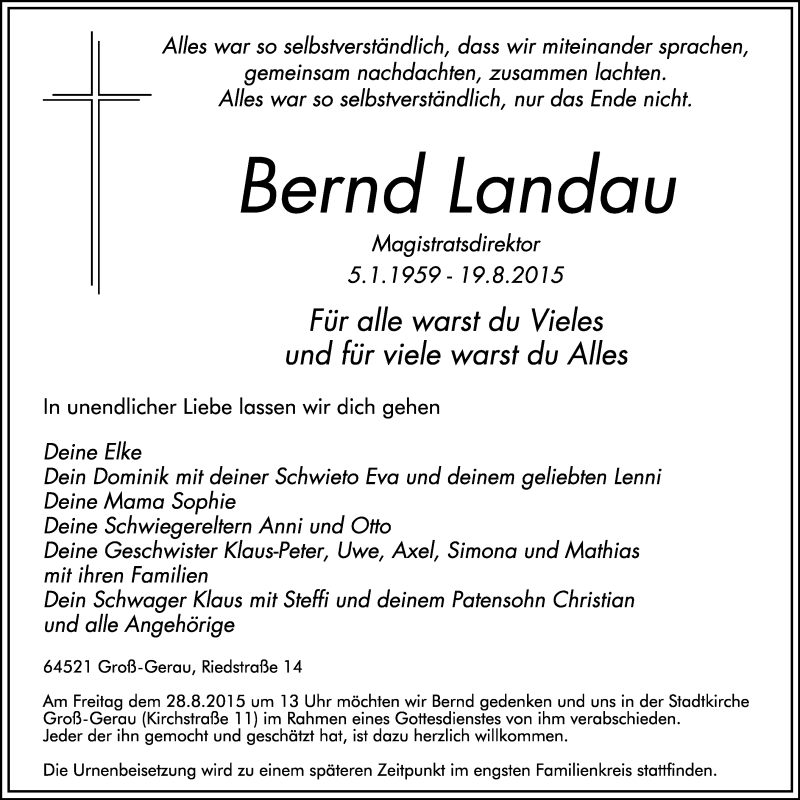  Traueranzeige für Bernd Landau vom 24.08.2015 aus trauer.echo-online.de