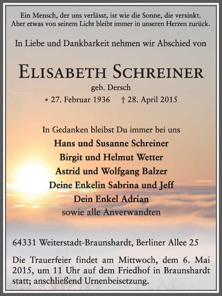  Traueranzeige für Elisabeth Schreiner vom 02.05.2015 aus Echo-Zeitungen (Gesamtausgabe)