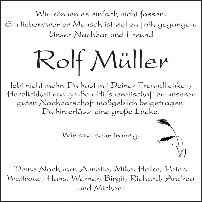 Traueranzeige für Rolf Müller vom 23.02.2015 aus Odenwälder Echo