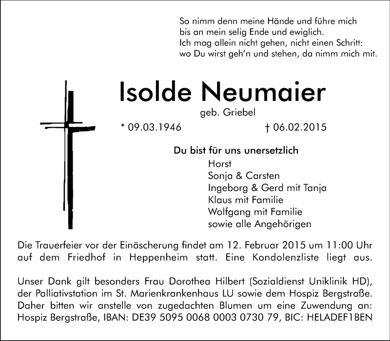 Traueranzeige für Isolde Neumaier vom 10.02.2015 aus Starkenburger Echo