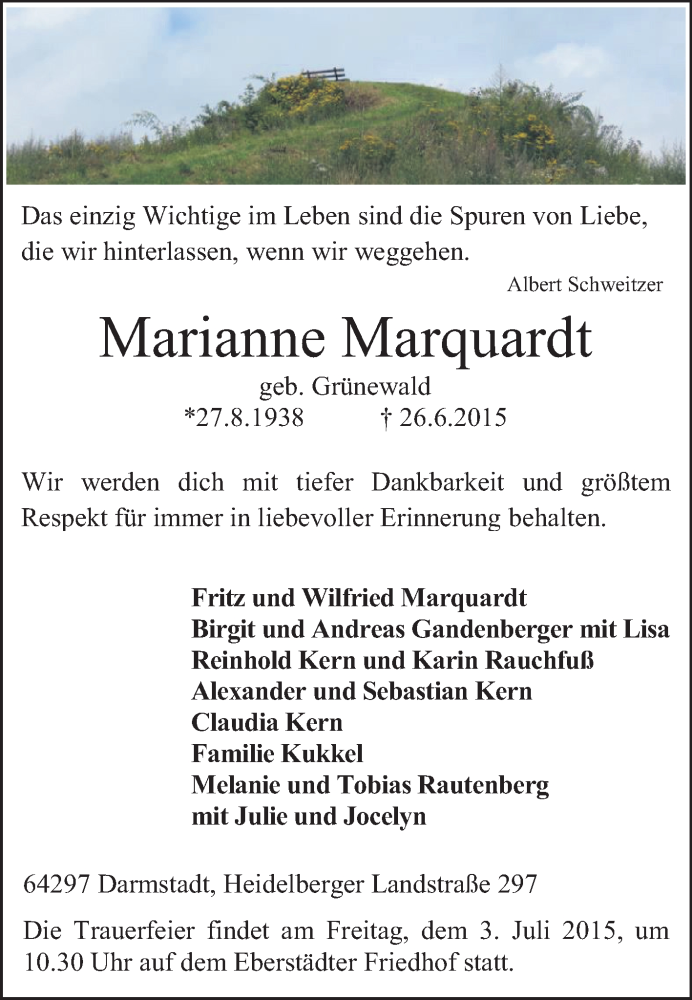  Traueranzeige für Marianne Marquardt vom 01.07.2015 aus Echo-Zeitungen (Gesamtausgabe)