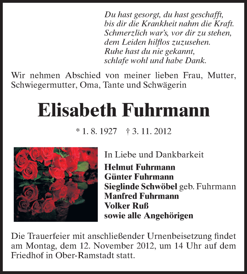  Traueranzeige für Elisabeth Fuhrmann vom 12.11.2012 aus Darmstädter Echo
