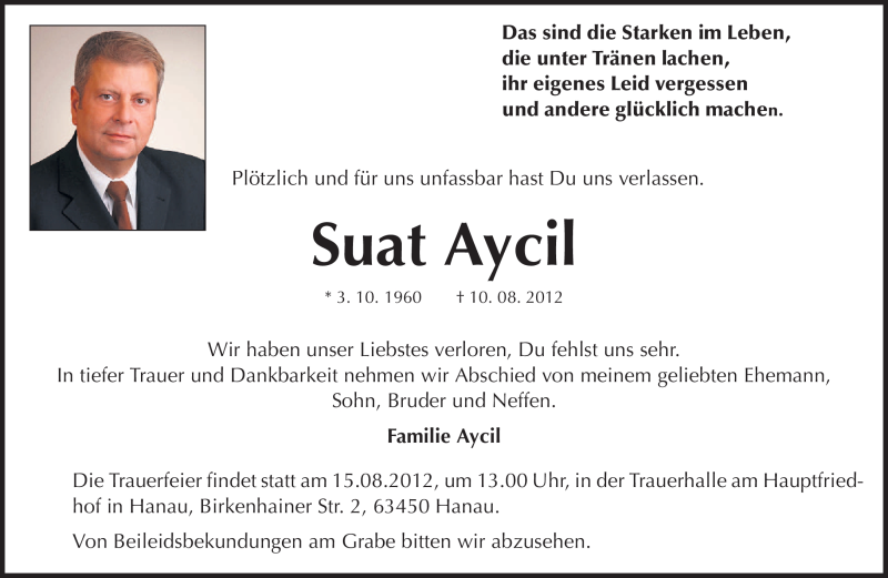  Traueranzeige für Suat Aycil vom 15.08.2012 aus Darmstädter Echo