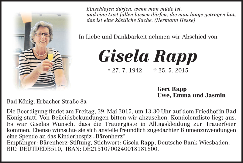  Traueranzeige für Gisela Rapp vom 27.05.2015 aus Odenwälder Echo