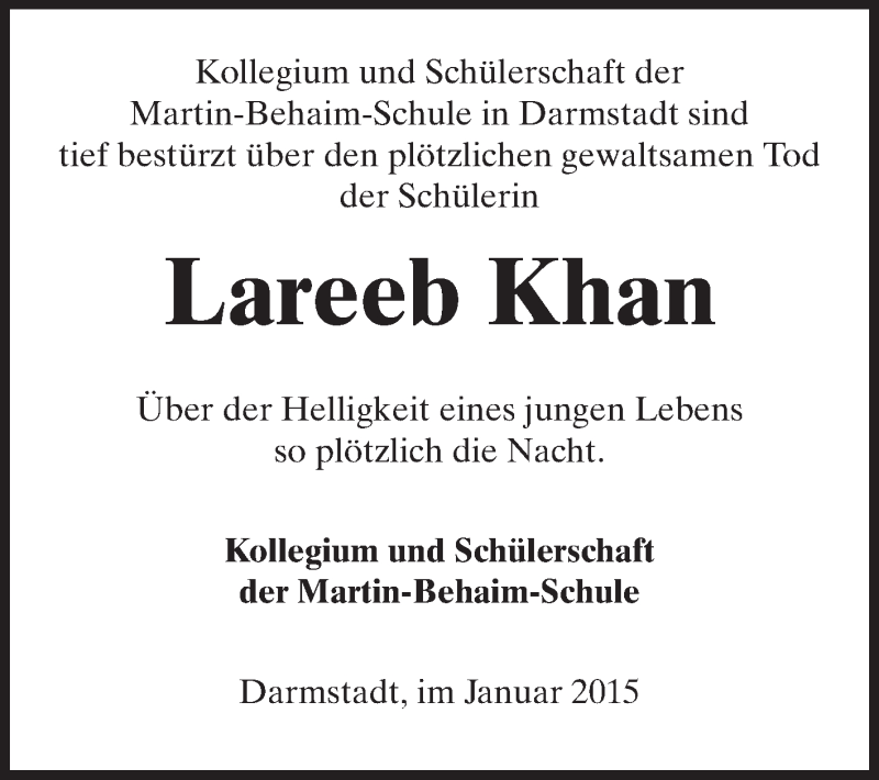  Traueranzeige für Lareeb Khan vom 31.01.2015 aus Echo-Zeitungen (Gesamtausgabe)