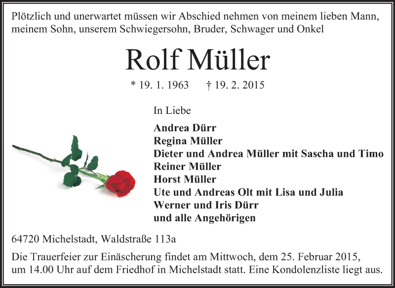  Traueranzeige für Rolf Müller vom 21.02.2015 aus Odenwälder Echo