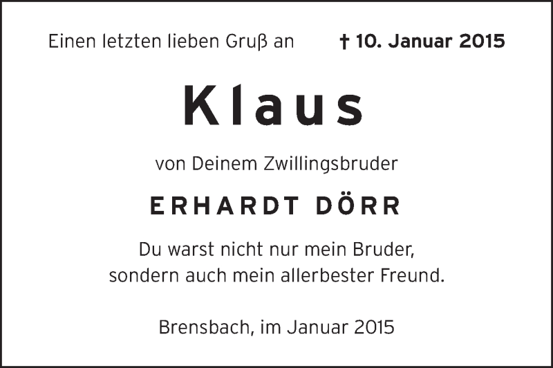 Traueranzeige für Klaus Dörr vom 24.01.2015 aus Echo-Zeitungen (Gesamtausgabe)