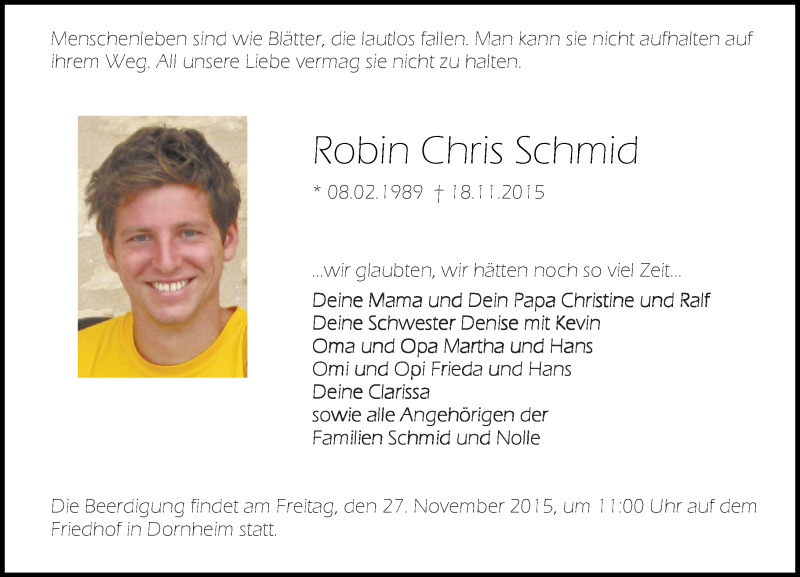  Traueranzeige für Robin Chris Schmid vom 24.11.2015 aus trauer.echo-online.de