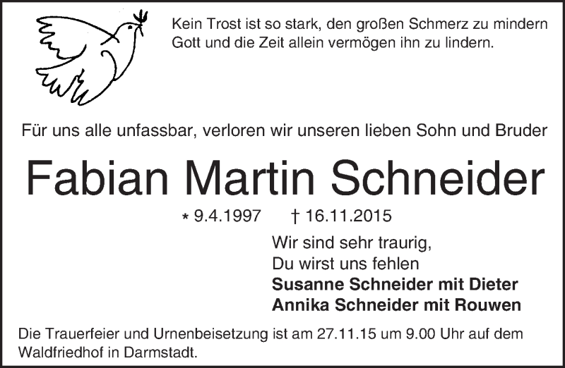  Traueranzeige für Fabian Martin Schneider vom 25.11.2015 aus trauer.echo-online.de