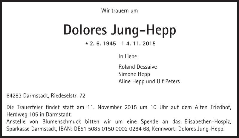  Traueranzeige für Dolores Jung-Hepp vom 07.11.2015 aus trauer.echo-online.de