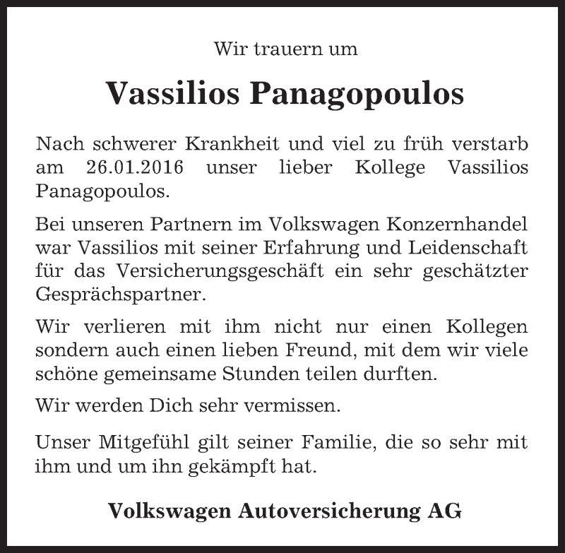  Traueranzeige für Vassilios Panagopoulos vom 30.01.2016 aus trauer.echo-online.de