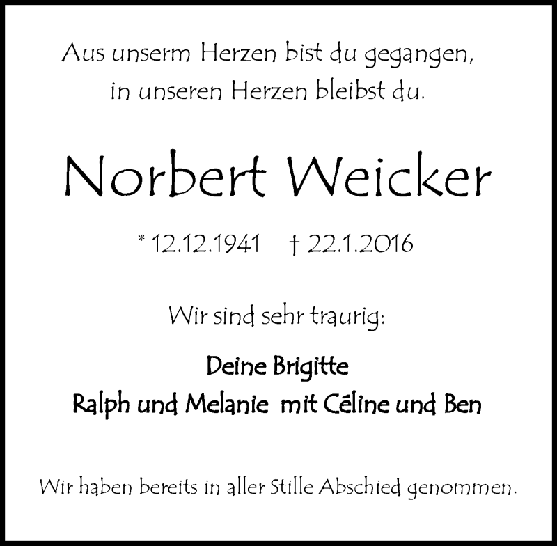  Traueranzeige für Norbert Weicker vom 30.01.2016 aus trauer.echo-online.de