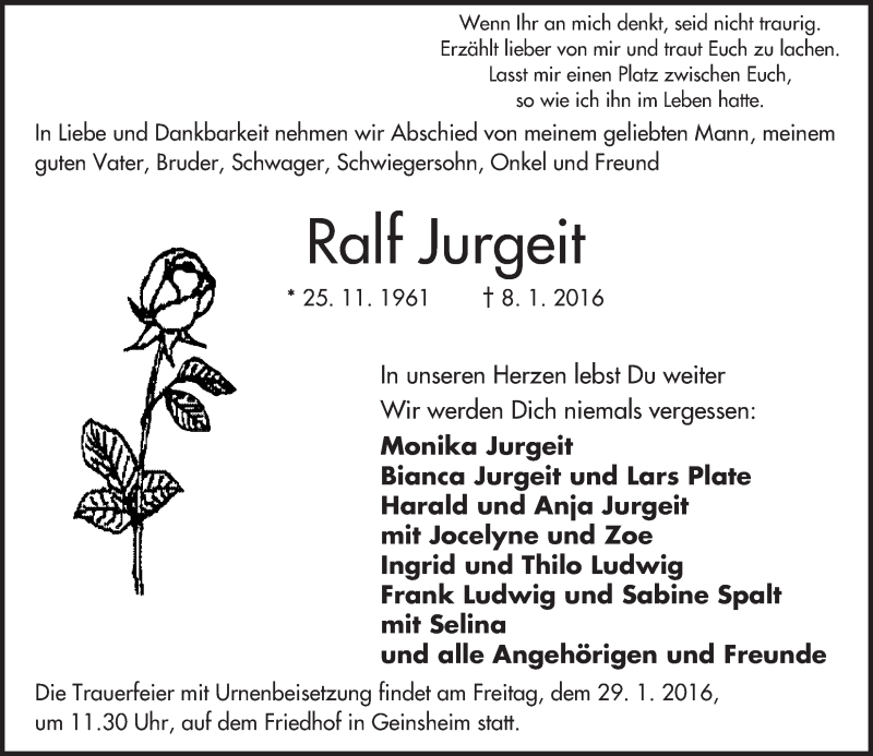  Traueranzeige für Ralf Jurgeit vom 25.01.2016 aus trauer.echo-online.de