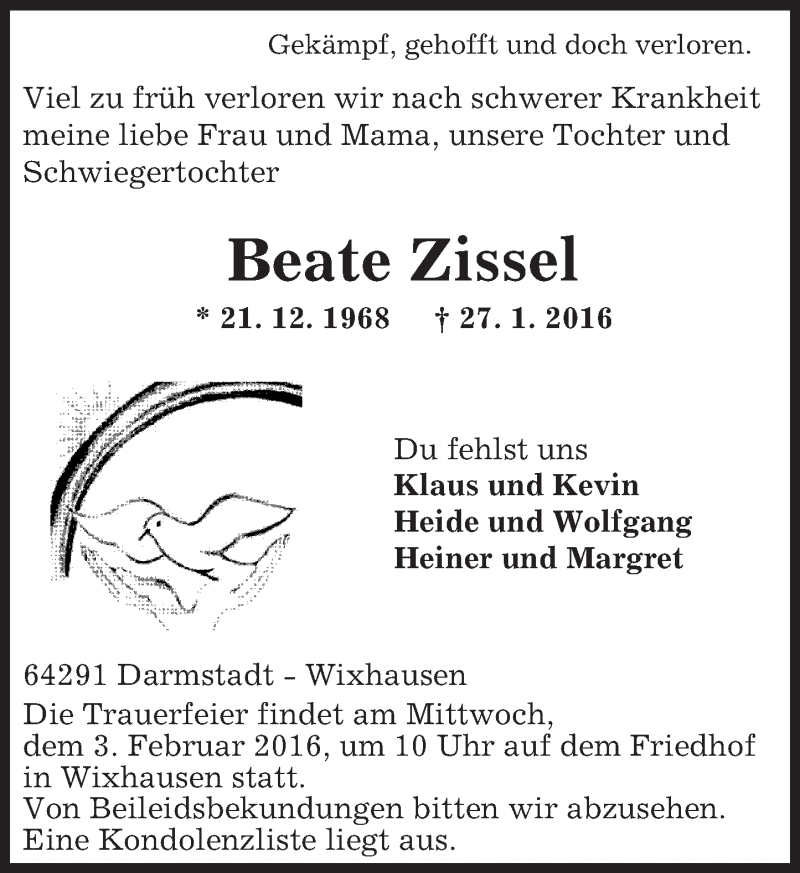  Traueranzeige für Beate Zissel vom 30.01.2016 aus trauer.echo-online.de