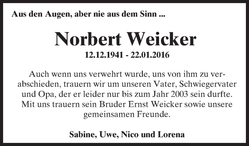  Traueranzeige für Norbert Weicker vom 06.02.2016 aus Darmstädter Echo