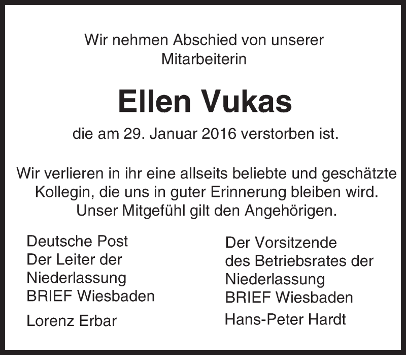  Traueranzeige für Ellen Vukas vom 04.02.2016 aus trauer.echo-online.de