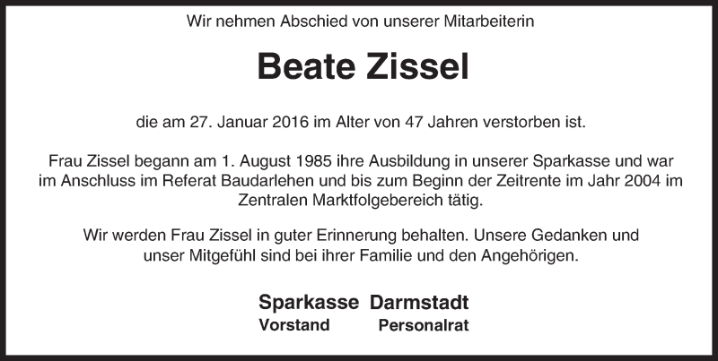  Traueranzeige für Beate Zissel vom 06.02.2016 aus trauer.echo-online.de