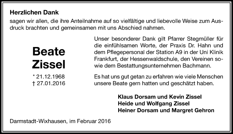  Traueranzeige für Beate Zissel vom 13.02.2016 aus trauer.echo-online.de