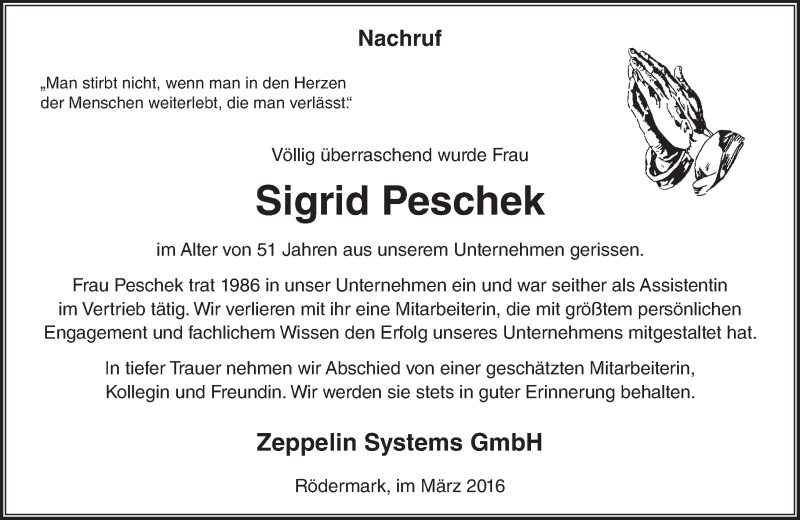  Traueranzeige für Sigrid Peschek vom 12.03.2016 aus trauer.echo-online.de
