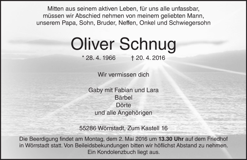  Traueranzeige für Oliver Schnug vom 26.04.2016 aus  Allgemeine Zeitung Alzey