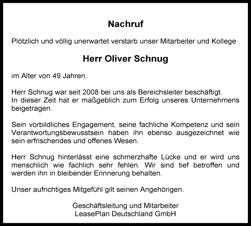  Traueranzeige für Oliver Schnug vom 30.04.2016 aus  Allgemeine Zeitung Alzey