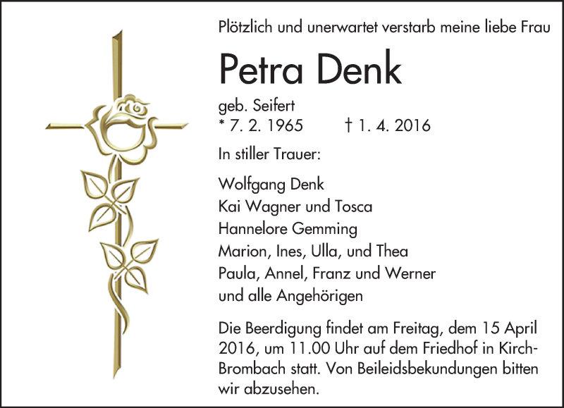 Traueranzeige für Petra Denk vom 12.04.2016 aus trauer.echo-online.de