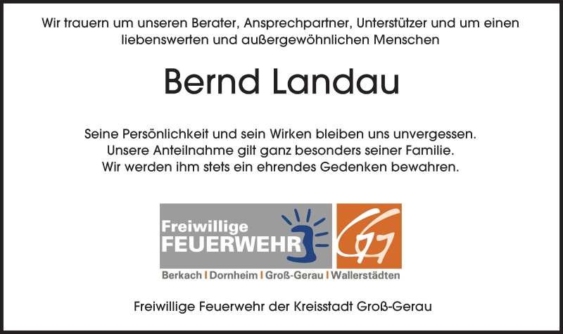  Traueranzeige für Bernd Landau vom 25.08.2015 aus Darmstädter Echo