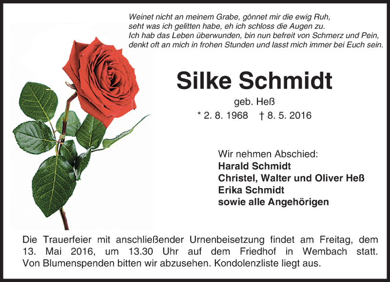  Traueranzeige für Silke Schmidt vom 11.05.2016 aus Trauerportal Echo Online