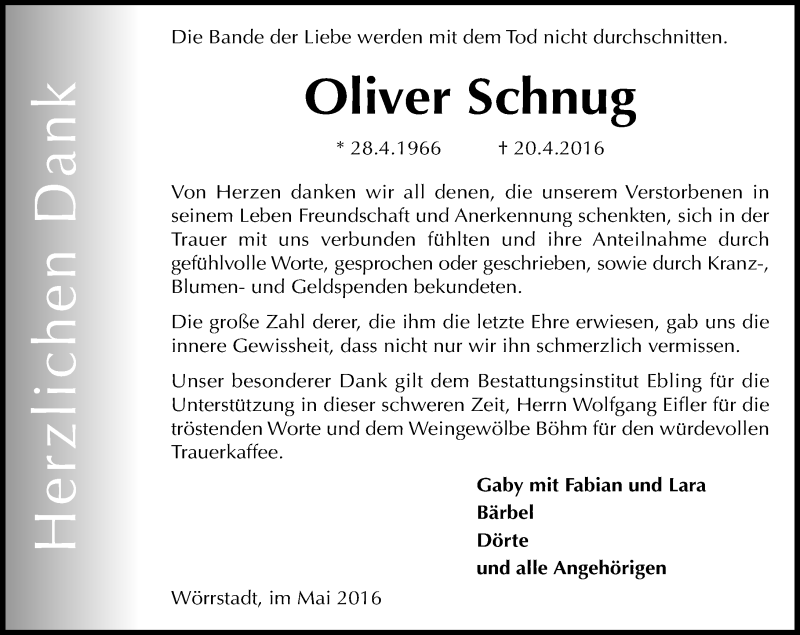  Traueranzeige für Oliver Schnug vom 14.05.2016 aus  Allgemeine Zeitung Alzey