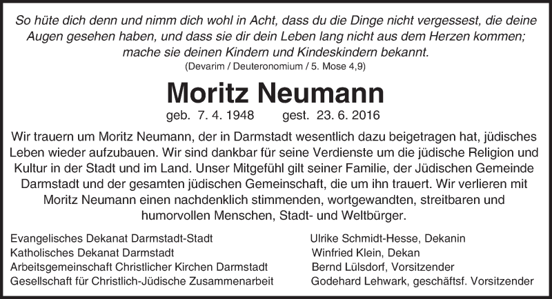  Traueranzeige für Moritz Neumann vom 25.06.2016 aus Trauerportal Echo Online